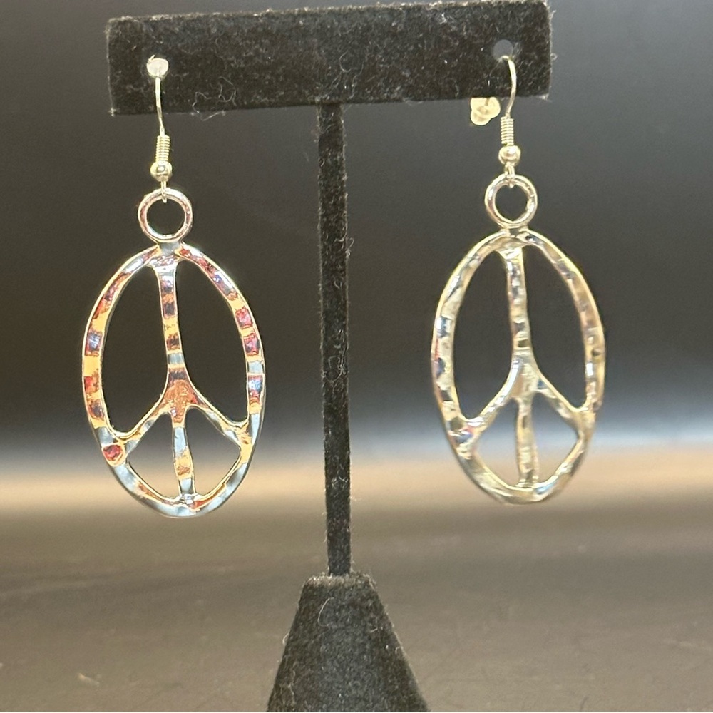 Silver Peace Sign Earrings.  Great Quality with Hammered Finish on the Front